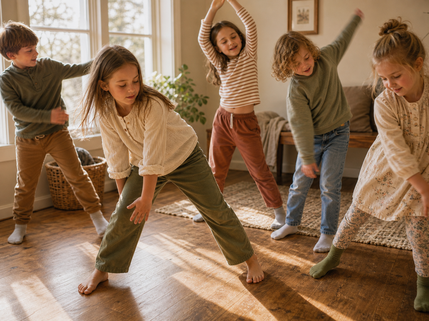 Children stretching and moving together at The Learning Loft